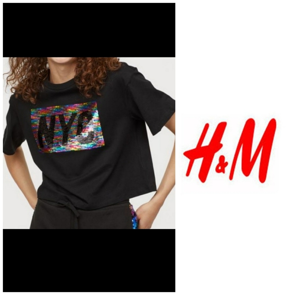 H & M  Divided black reversible sequin top NYC Big Apple Broadway 42nd St. Bronx